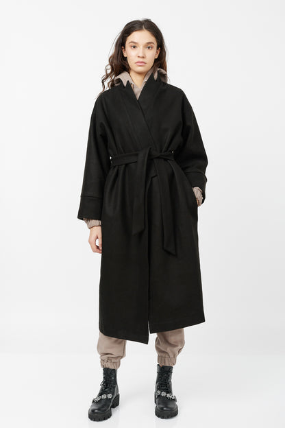Palton negru tip Kimono din amestec de lână