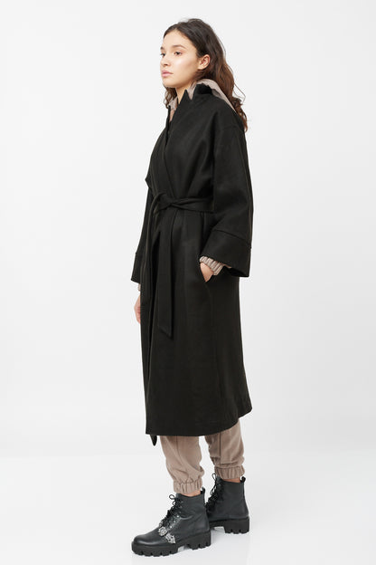 Palton negru tip Kimono din amestec de lână