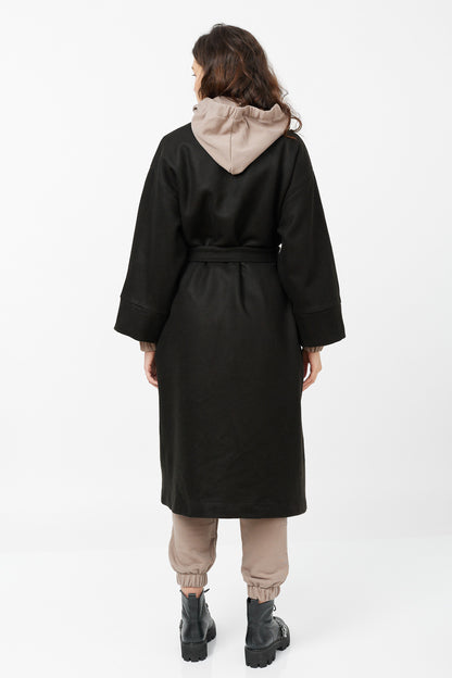 Palton negru tip Kimono din amestec de lână