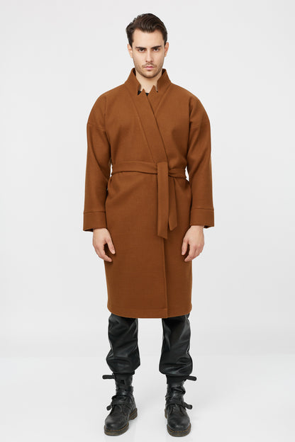 Palton maro tip kimono din amestec de lână