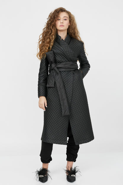 Palton damă negru tip kimono din piele ecologică matlasată