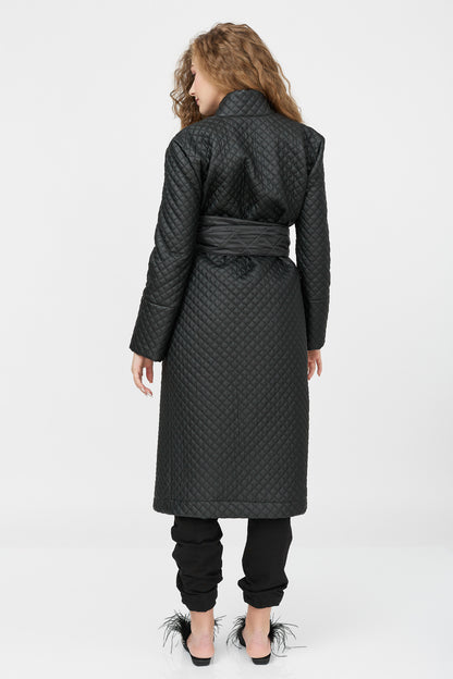 Palton damă negru tip kimono din piele ecologică matlasată