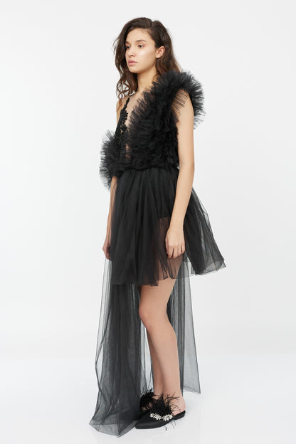 Rochie Asimetrica Din Tulle Cu Broderie