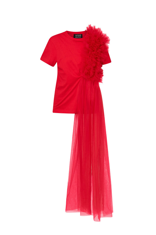 Tricou Oversized Roșu Cu Deconstrucție Din Tulle